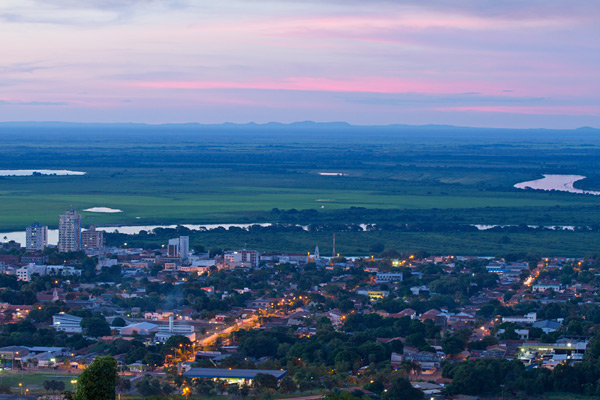 View looking down over Corumbá at dusk from Morro do Cristo Rei.